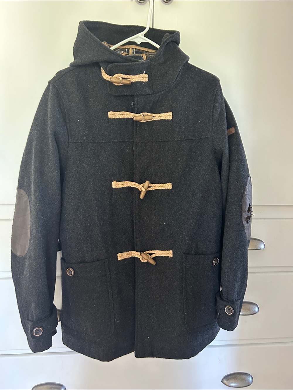 Men’s Pull and BearDark Charcoal Hooded Toggle Coat - Classic Wool-Blend Jacket
